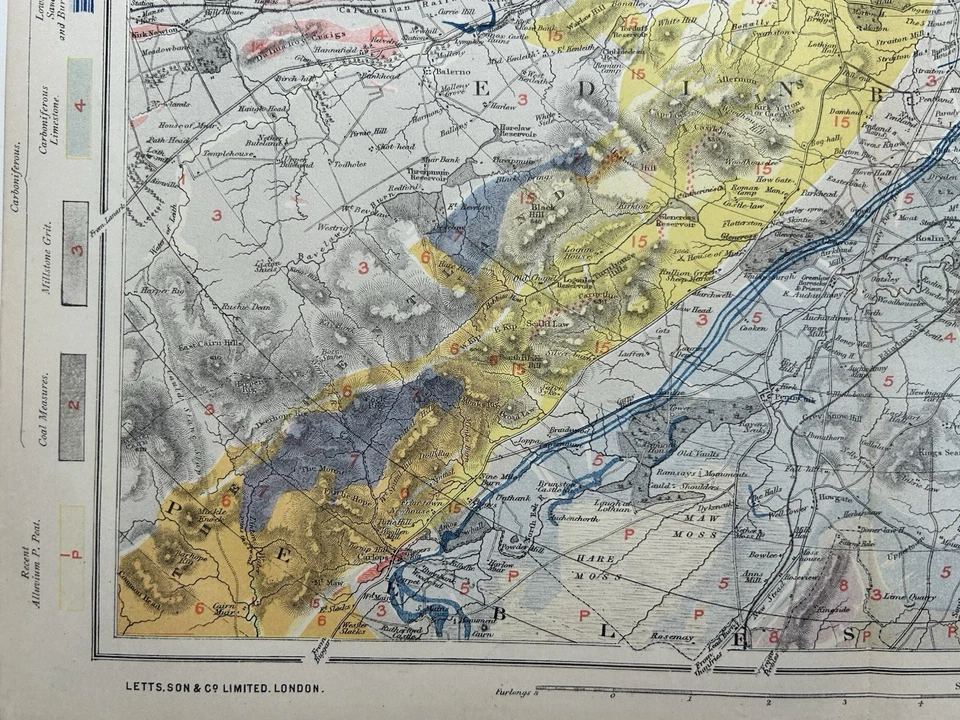 1883 Geological Colour Map Of Edinburgh Original Antique City Plan by Letts - Image 4 of 4