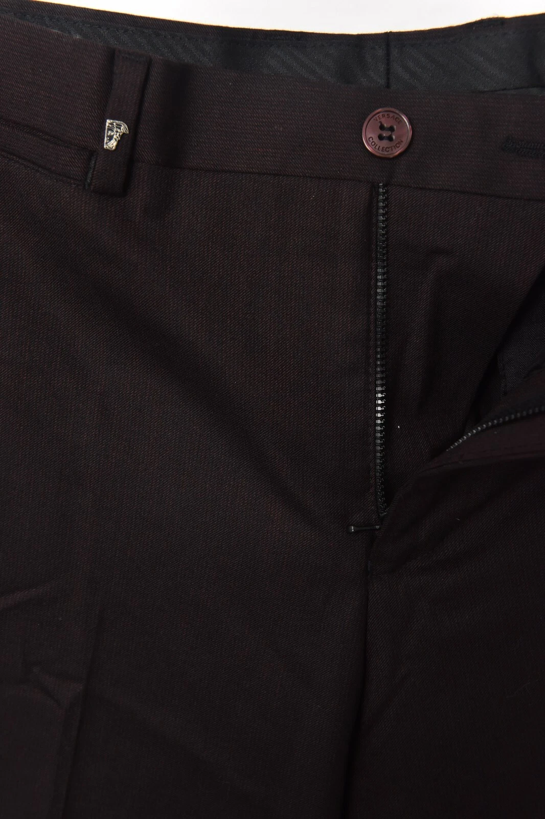 Pantaloni eleganti nuovi con etichette COLLEZIONE VERSACE Borgogna micro righe lana 34 (EU 50)