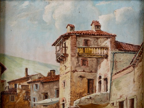 Antique Framed Early 20th C. Original Cityscape Oil on Board "Spanish Village" - Picture 9 of 15