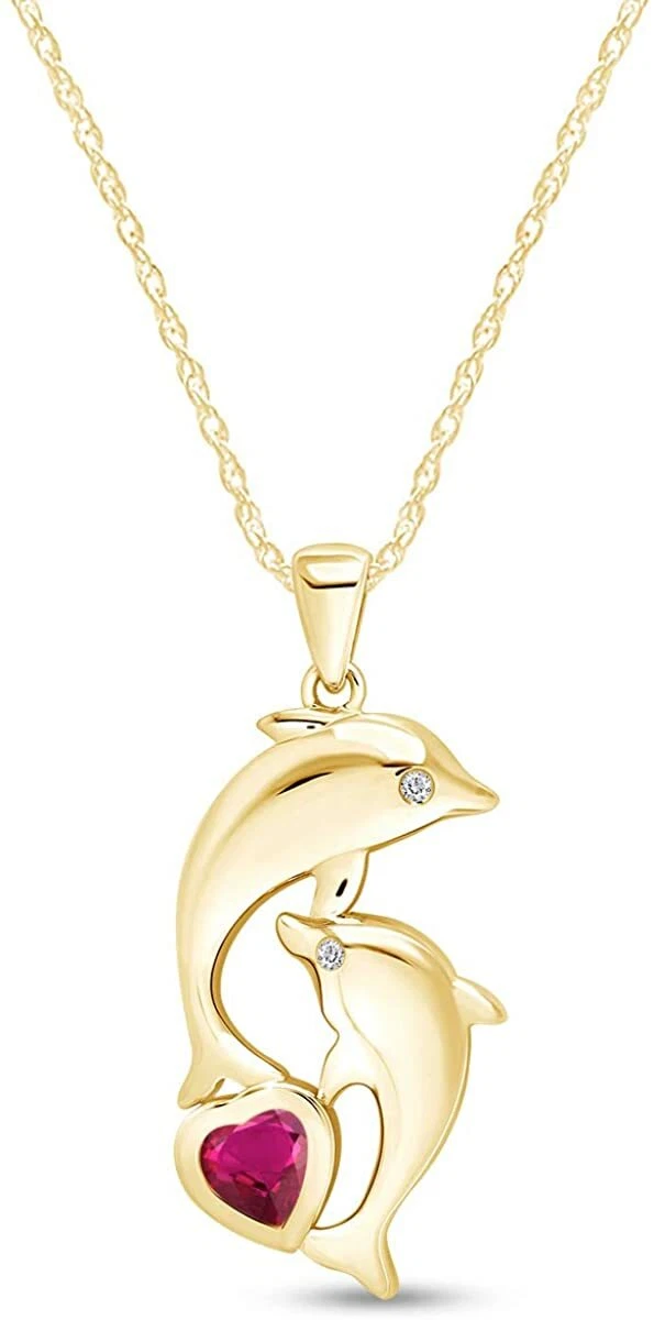 Dolphin Pendant Necklace Simulated Diamond Ruby in 14K Gold Plated Sterling