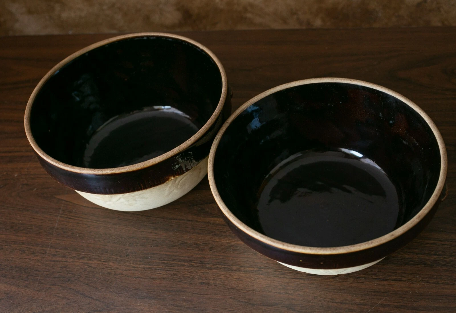 Vintage COOK RITE STONEWARE Crock Mixing Nesting Bowls Brown Set of 2