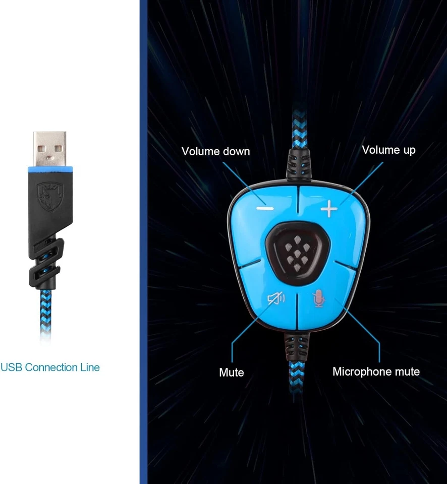 USB Stereo Gaming Headphone 7.1 Surround Sound PC Mac Over-Ear Headset Mic LED - Image 2 of 4