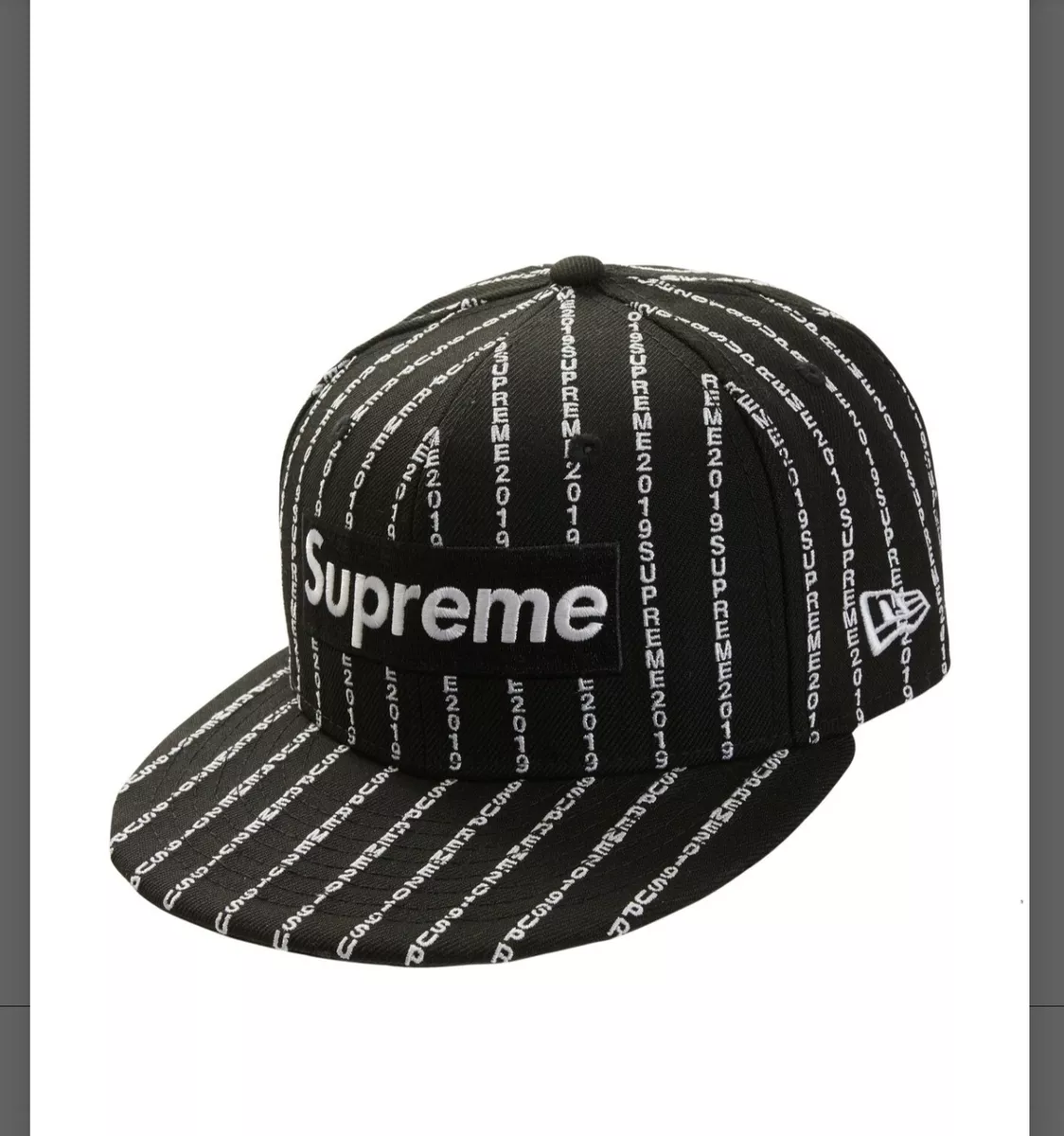 SUPREME Text Stripe New Era black 7 1/4 box logo camp cap SS 19 25th  anniversary