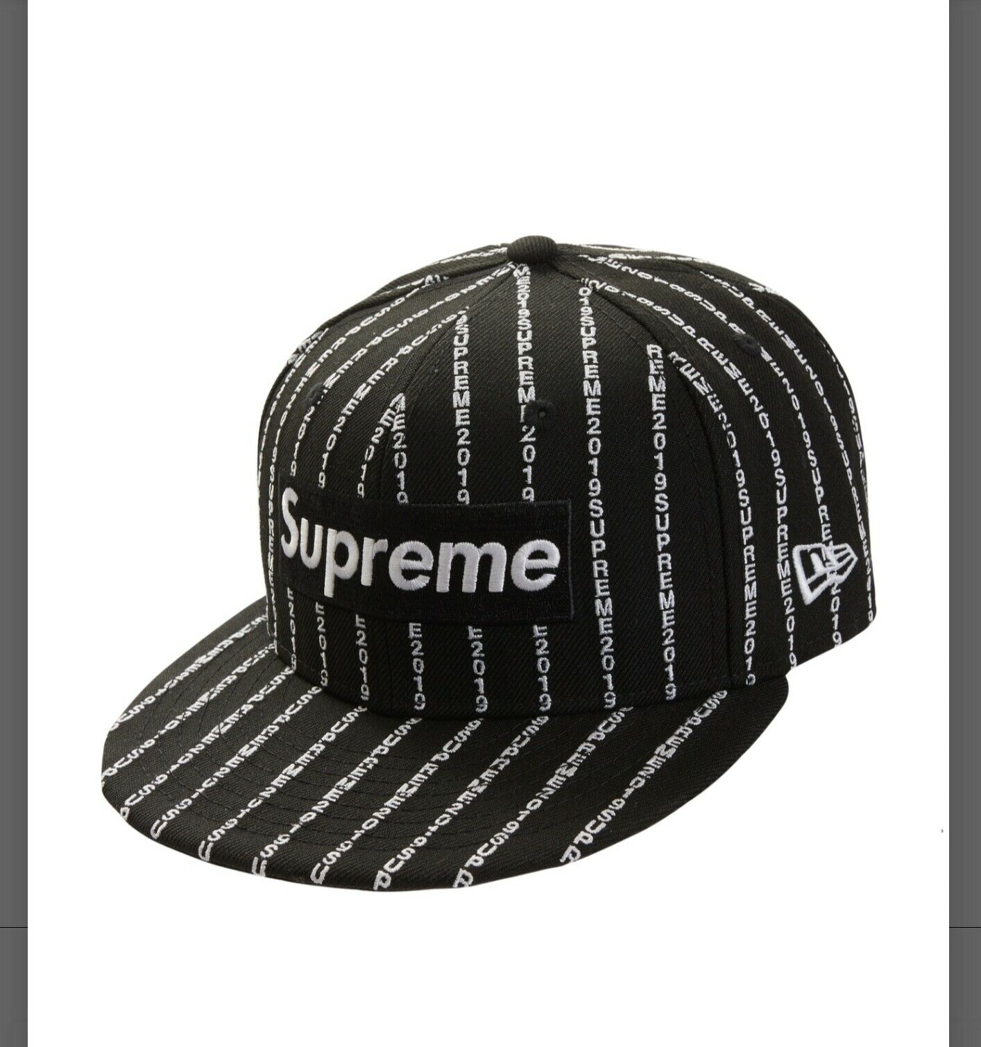 SUPREME Text Stripe New Era black 7 1/4 box logo camp cap SS 19