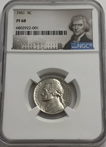 1951 NGC PF68 PROOF THOMAS JEFFERSON NICKEL 5C GREAT EYE APPEAL PORTRAIT LBL 001