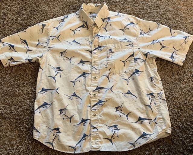 COLUMBIA Shirt Sailfish Swordfish Button Down Collar Mens Large Ivory EUC eBay