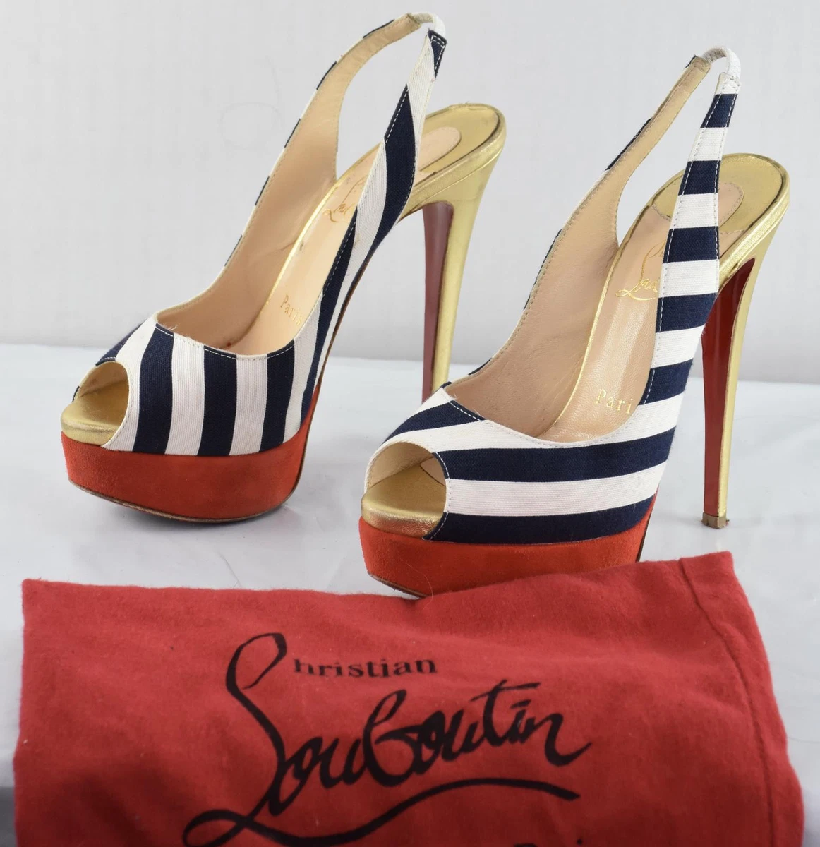 Christian Louboutin Fabric Slingback Lady Peep Toe Sandals Shoes 35.5 5.5 US