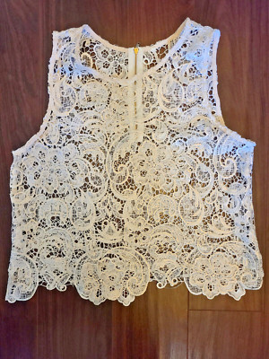 Cream Lace with Gold Threads Zipper Back Women's Sleeveless Blouse Medium M