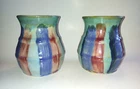 Pair of Early Hull Pottery 1920's Vertical Blue Red Green Stripe Stoneware Vases