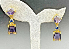 Amethyst Purple  Blue Cubic Zirconia Gold Metal Drop Dangle Pierced Earrings
