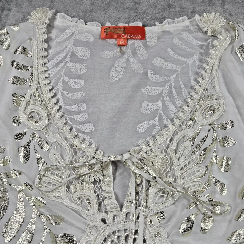 Túnica de playa Hale Bob Top para mujer M blanca mezcla de seda metálica hoja dorada cabaña Foto 3 de 4