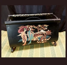 Oriental Geisha & Mt. Fuji Scene Metal Magazine Rack ~ Tole Painting ~ Black