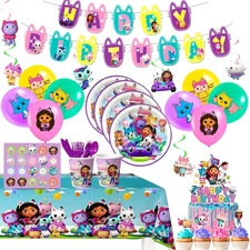 Gabby Dollhouse Party Supplies,115pcs Gabby Birthday Decoration&Tableware Set