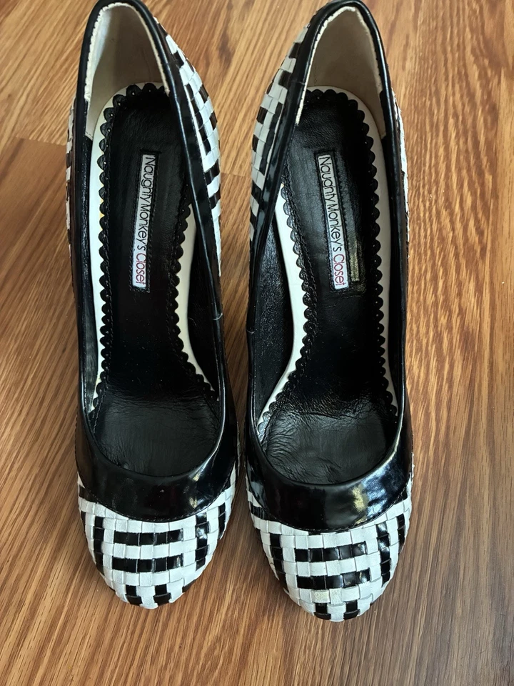 Naughty Monkey’s Closet JIGSAW Patent Black White Check High Heel Shoes Pump 7.5 - Image 3 of 4