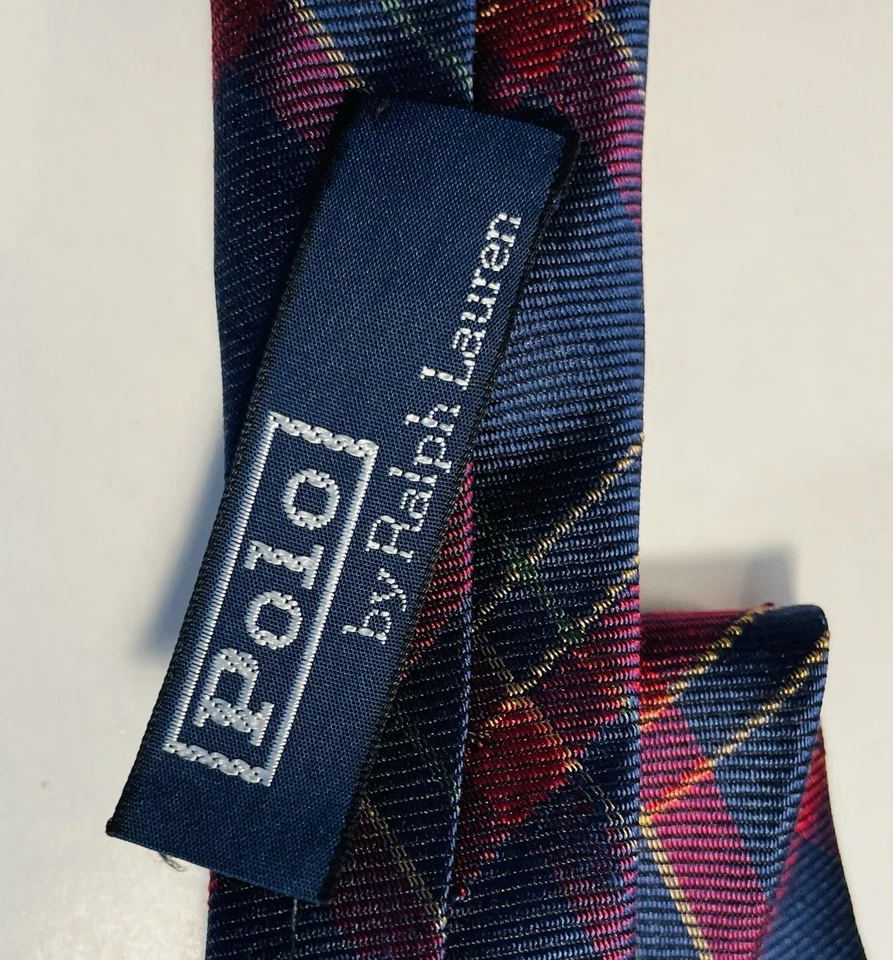 Cravatta collo vintage Polo by Ralph Lauren uomo blu navy rosso argyle seta fatta a mano - Immagine 3 di 4