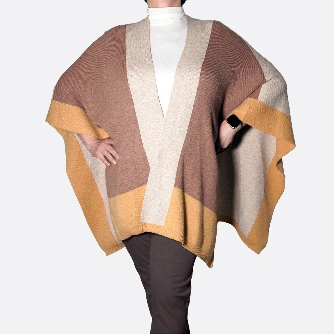 Colorblock Luxe Knit Poncho Wrap Earthy Neutrals Plus Size 1X 2X Old Money