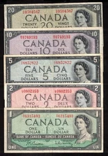 1954 Canada $1 $2 $5 $10 $20  banknote set 5-notes VF