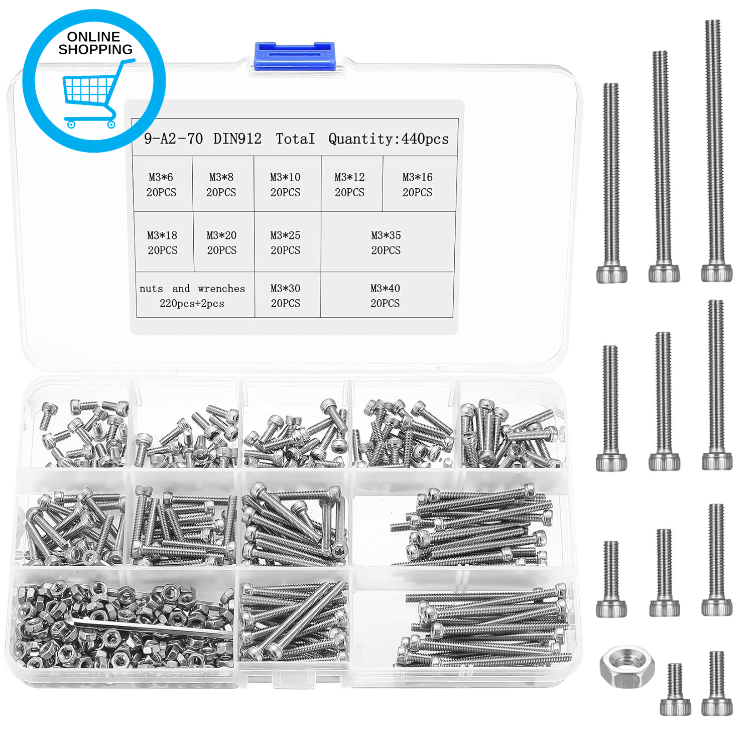 440 Pcs M3 Bolts and Nuts Set, Machine Screws Nuts and Bolts Assortment, Assorte