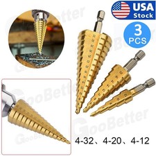 3Pcs Drill Bit Set Titanium HSS Steel Cone Step Quick Change 1/4" Shank Hole Cut