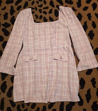 Pink White Plaid Tweed Square Neck 3/4 Sleeve Tunic Dress Women's XL