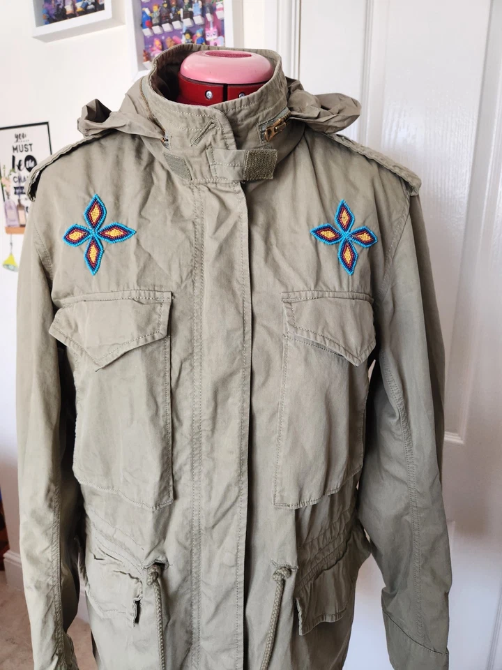 Denim Supply Ralph Lauren Women Military Jacket Khaki Green Beaded Boho Size S * - Image 2 of 4