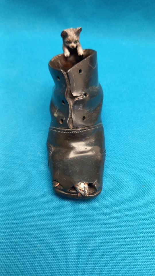 IMPORTANT SOULIER BRONZE POLYCHROME DE VIENNE AVEC CHAT ET SOURIS GESCHUTZT - Photo 3/4