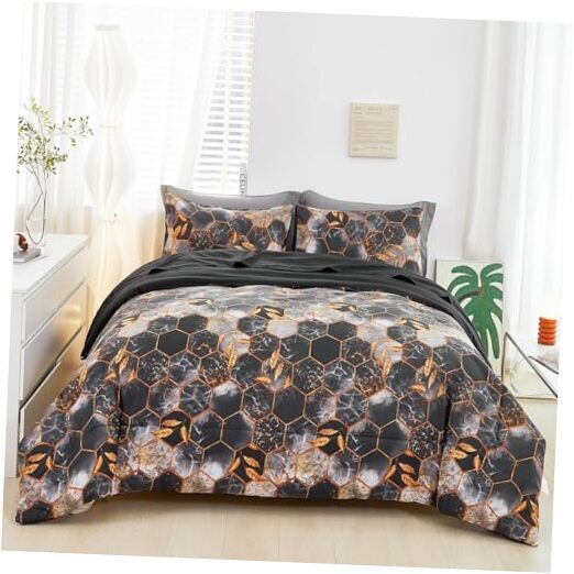 Black and Gold Comforter Set Size Bed in a Bag Geometric Hexagon Queen Grey