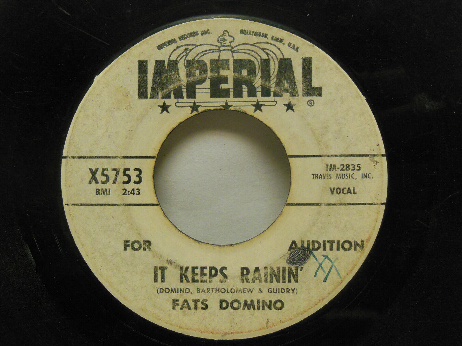 Rare Audition Copy! Fats Domino: It Keeps Rainin' / I Just Cry 45 RPM. Fair (B) 