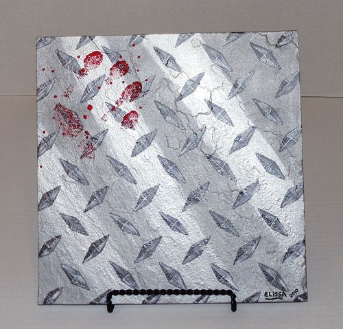 Faux Silver Metal Diamond Plate 3D Flagstone Industrial Art Painting By Artist - Picture 7 of 12