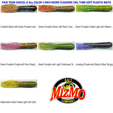 Mizmo Tubes Flasher Tail 4 Inch Soft Plastic Bass Fishing Baits Any Color 10pk
