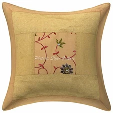 Indian Polydupion Throw Pillow Cover 16 Inch Brocade Patchwork Embroidered