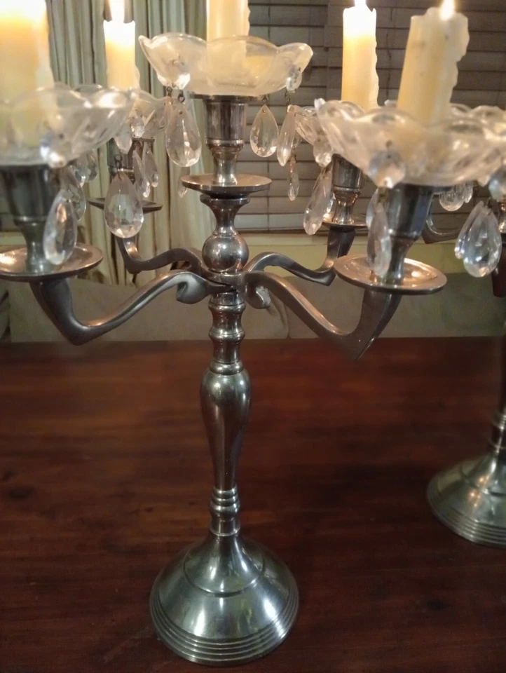 Pair Vintage 5 Cup Crystal Candelabras VGC 42x35cm - image 3 of 4