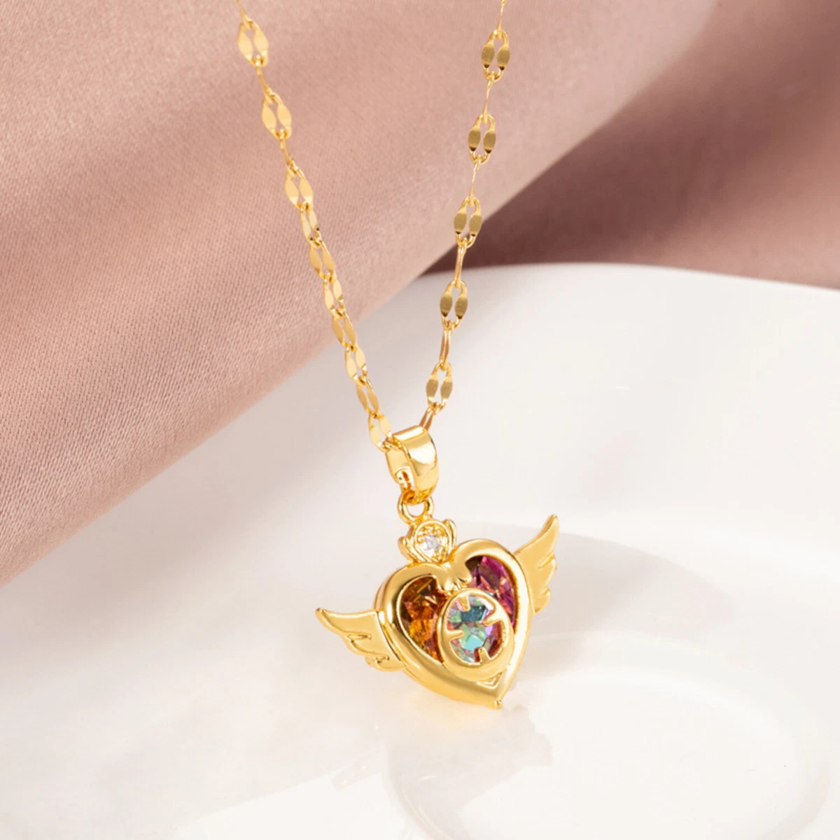 Flongo Set Collane Coppia Ali D'Angelo Cuore – In Acciaio Inox Con Strass, Regalo Per Lui E Lei