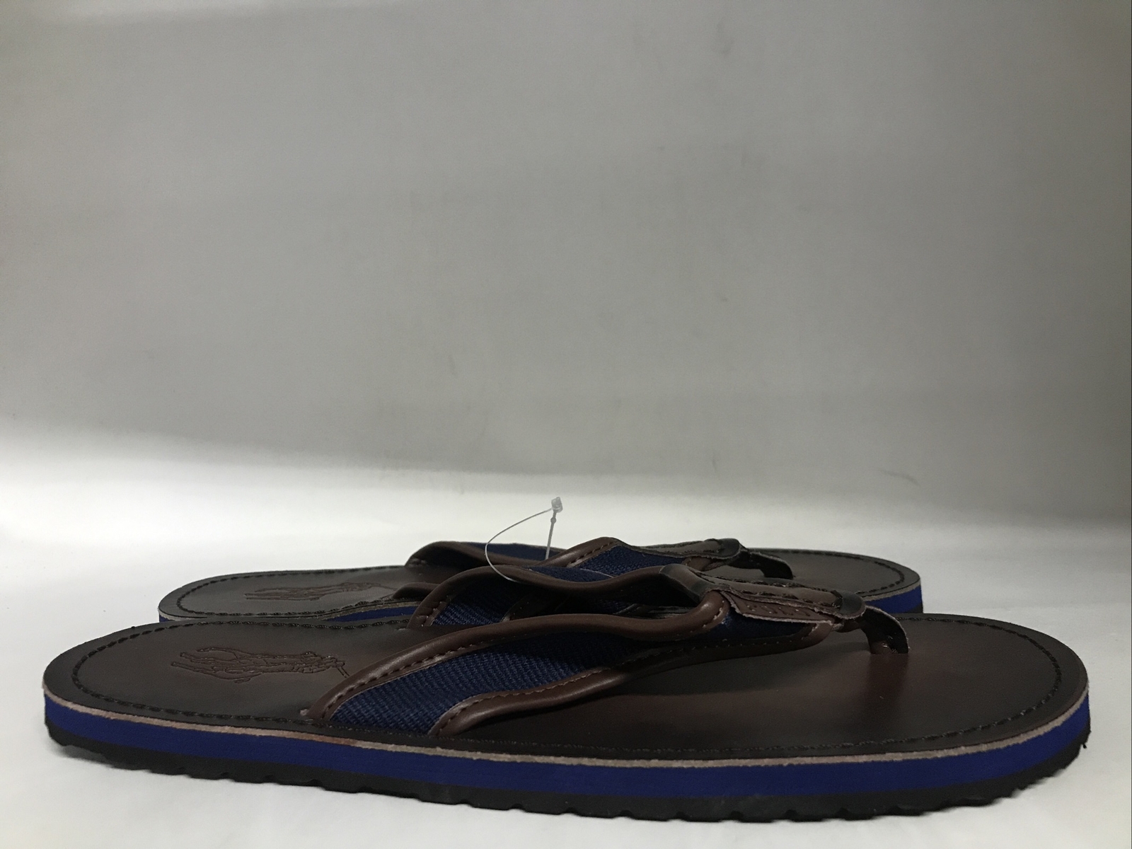 Polo Ralph Lauren Men's Leather Flip Flops Sullivan Brown Navy Blue Nwt 11
