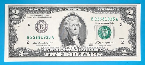 TRAILING YEAR 1935 (B 2368 1935 A) $2 Two Dollar Bill Serial Number 2009 *UNC* - Picture 2 of 3