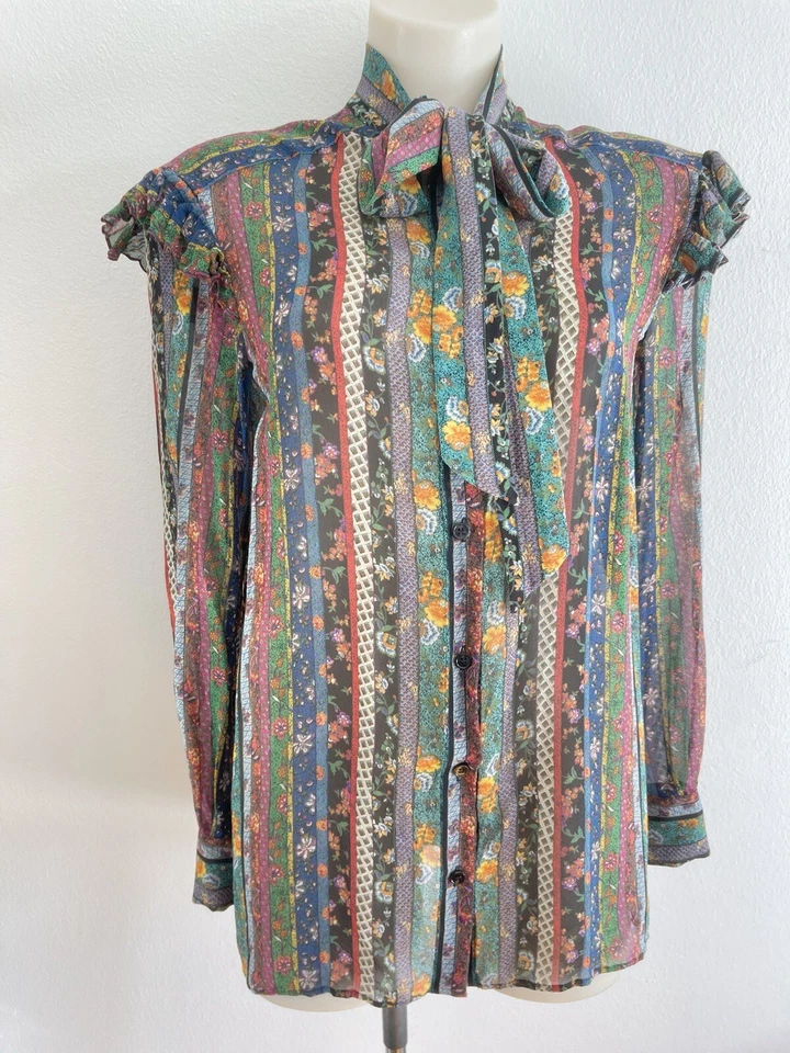 PHILOSOPHY BY Lorenzo Serafini Camisa Blusa Seda Pajarita Patchwork Rayas IT44-M Foto 4 de 4