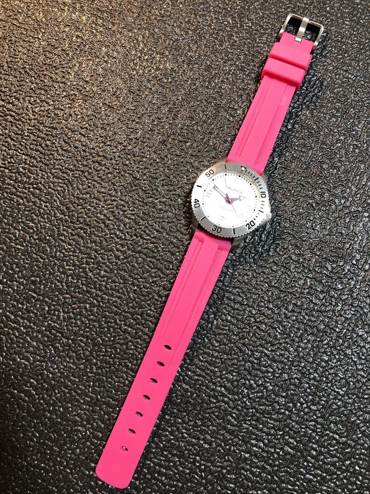 NAUTICA Silver Tone 37mm Watch Pink Silicone Band Wristwatch New Battery - image 2 of 4