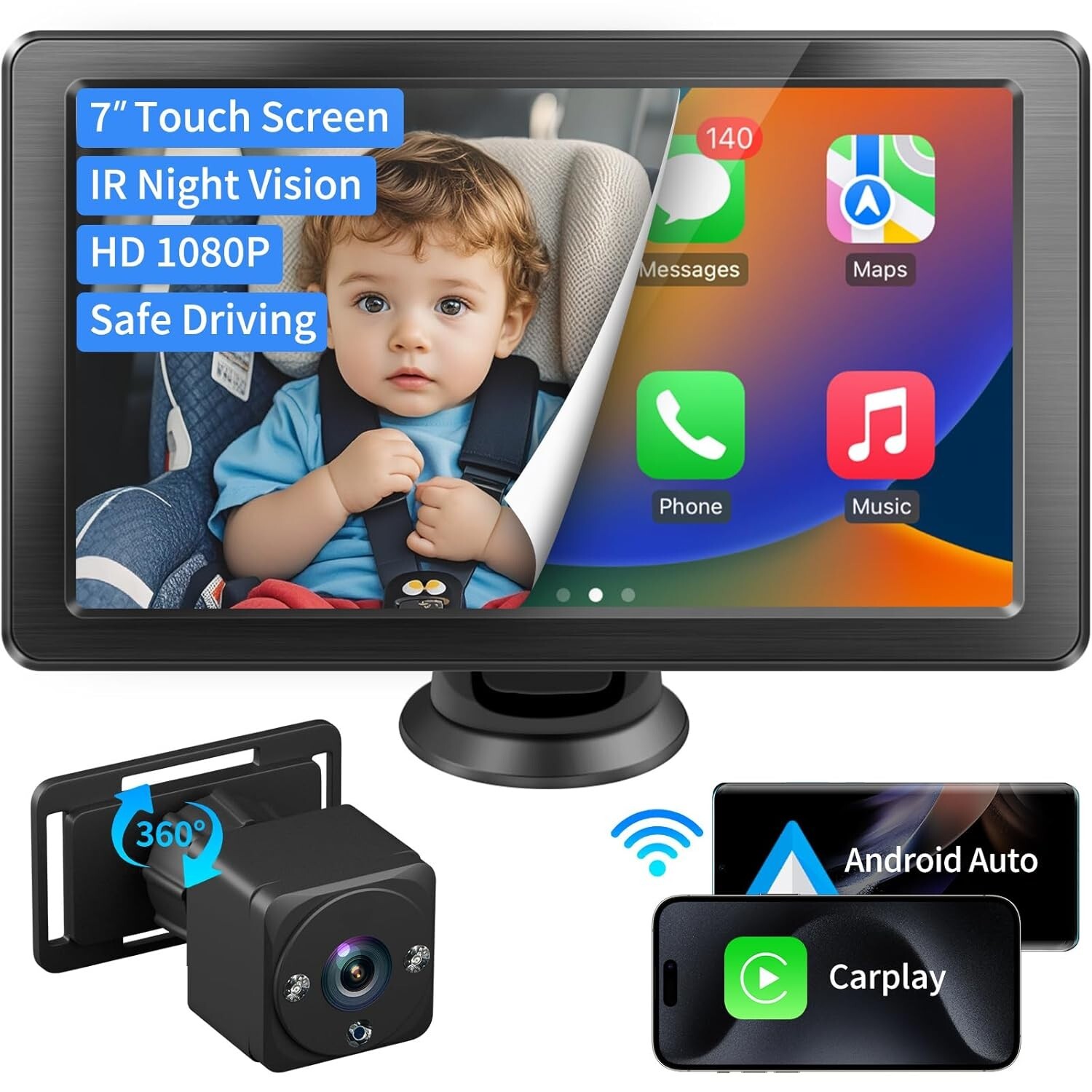 Car Baby Monitor with Wireless CarPlay Support Camera with 7