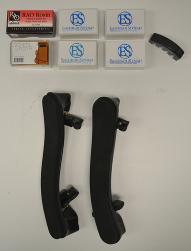 LOT OF 2 USED EVEREST VIOLIN SHOULDER RESTS (3/4-4/4), 6 NEW DARK ROSIN & 1 MUTE