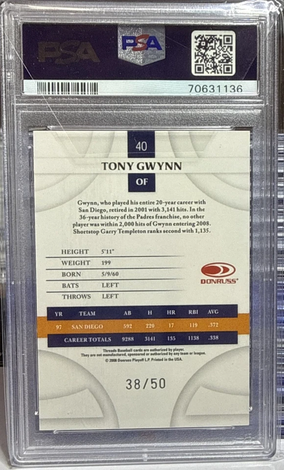 2008 Donruss Threads - Tony Gwynn #40 Gold Century Proof /50 - Image 2 of 2