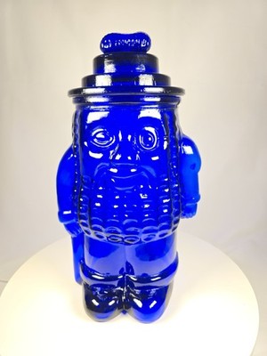 Vintage Cobalt Blue Glass Mr. Peanut Cookie Jar Planters Peanuts 