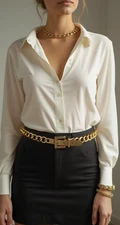 Women Gold Metal Chain Links Business Casual Hip Waist Belt Square Buckle Size M
