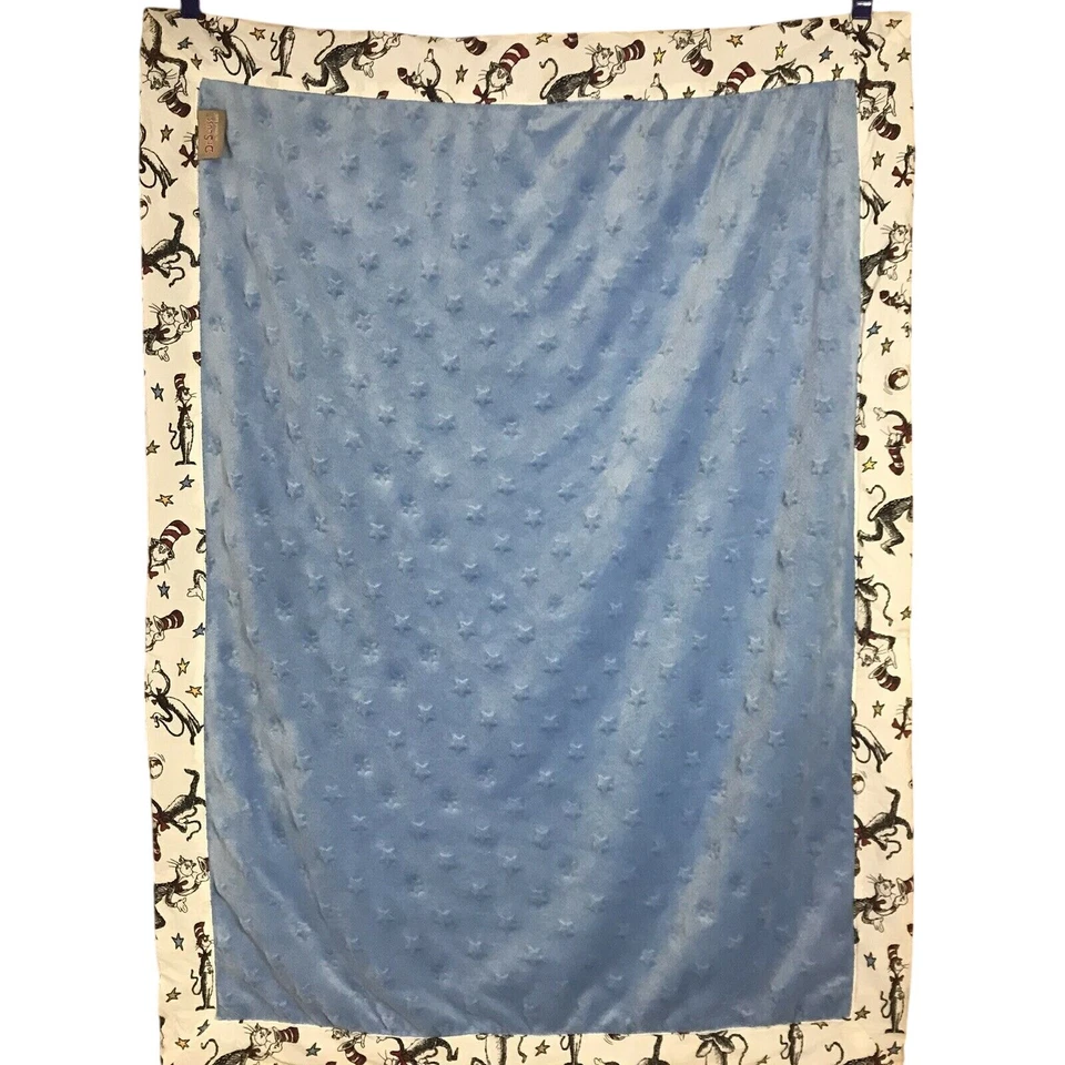 Trend Lab Dr Seuss Cat In The Hat Baby Blanket Blue Stars Minky Print Trim - Image 3 of 4