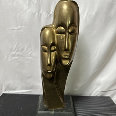 VTG Solid Brass Two Faces Devotional Couple MCM Art Deco Marble Base Statue 12 