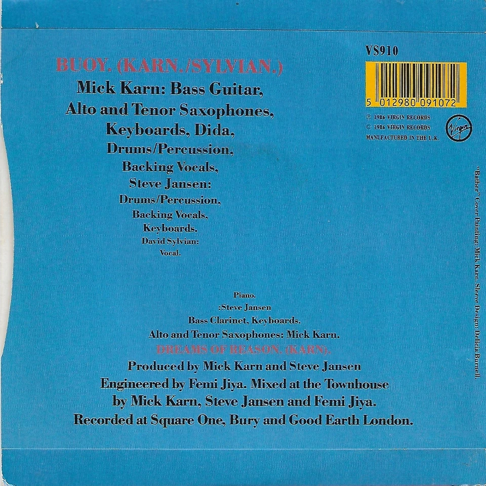 MICK KARN feat DAVID SYLVIAN "Buoy" RARE 1987 UK 7" VINYL SINGLE [JAPAN] - Image 2 of 4