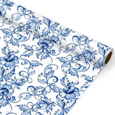 Blue White Floral Wrapping Paper - Mini Roll - 17 in X 32.8 Ft Vintage Watercolo
