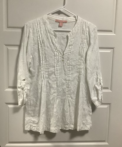 Marina Luna White Linen Tunic Top White Embroidery Roll Tab Sleeves Women’s Sz M