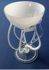 Candy, Trinket Bowl Dish 7 1/2" Tall, Curved Legs, Abstract Art Deco White Clear