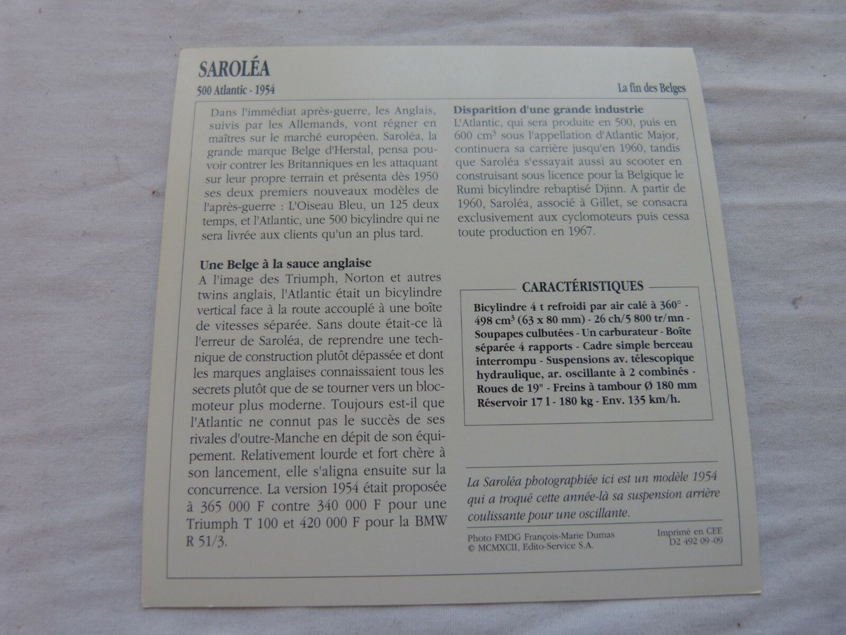 CARTE FICHE MOTO collection ATLAS SAROLEA 200 REGINA
