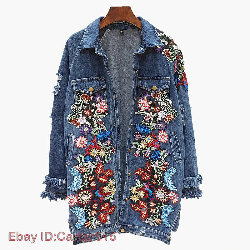 Women Artsy Flower Spliced Long Denim Hooded Coat